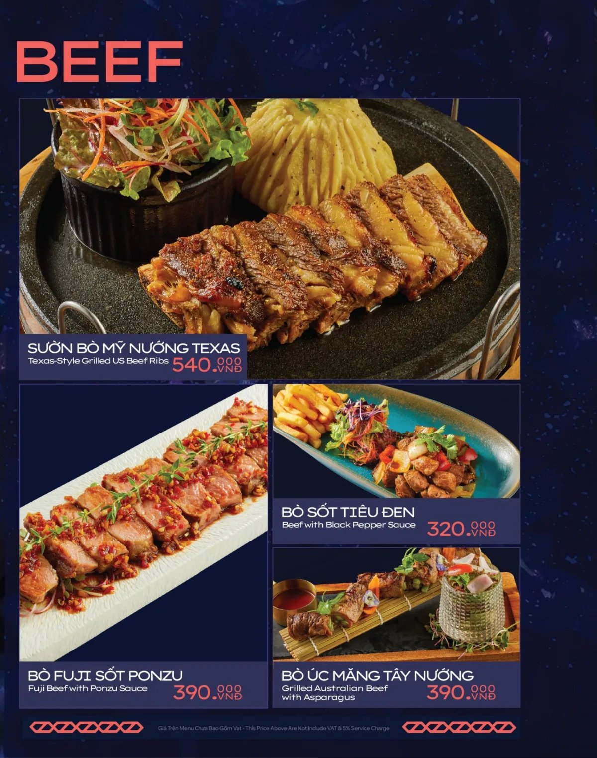 District K menu — Texas-style grilled US beef ribs, Fuji beef with ponzu