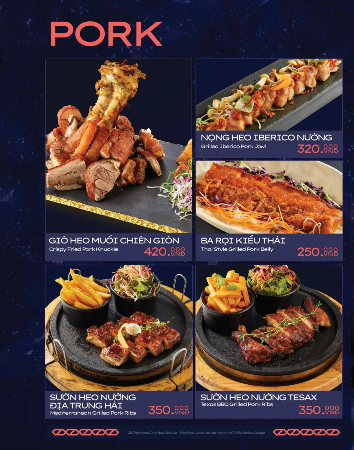 District K menu — grilled pork ribs, Thai-style pork belly, crispy pork knuckle