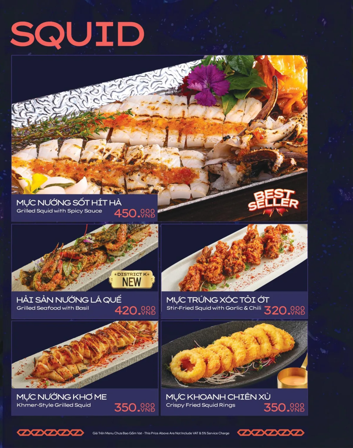 District K menu — grilled squid with spicy sauce, squid with garlic and chilli