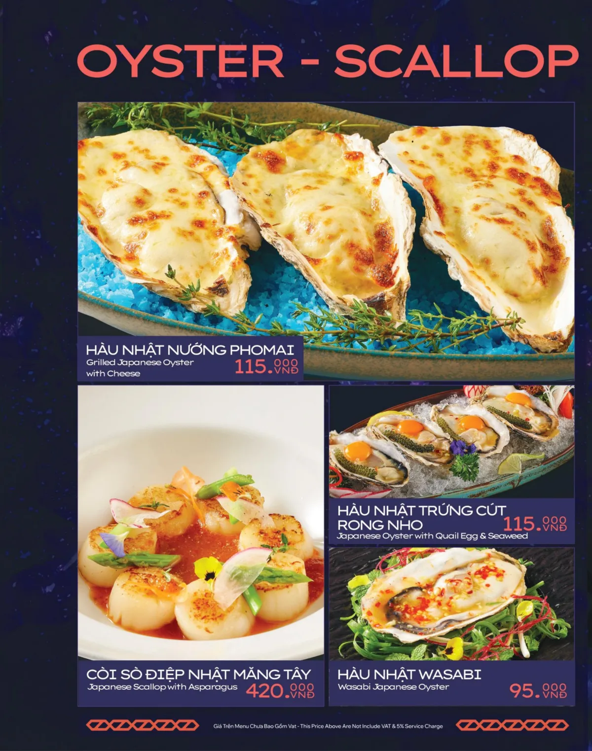 District K menu — Japanese oyster with cheese, scallop with asparagus