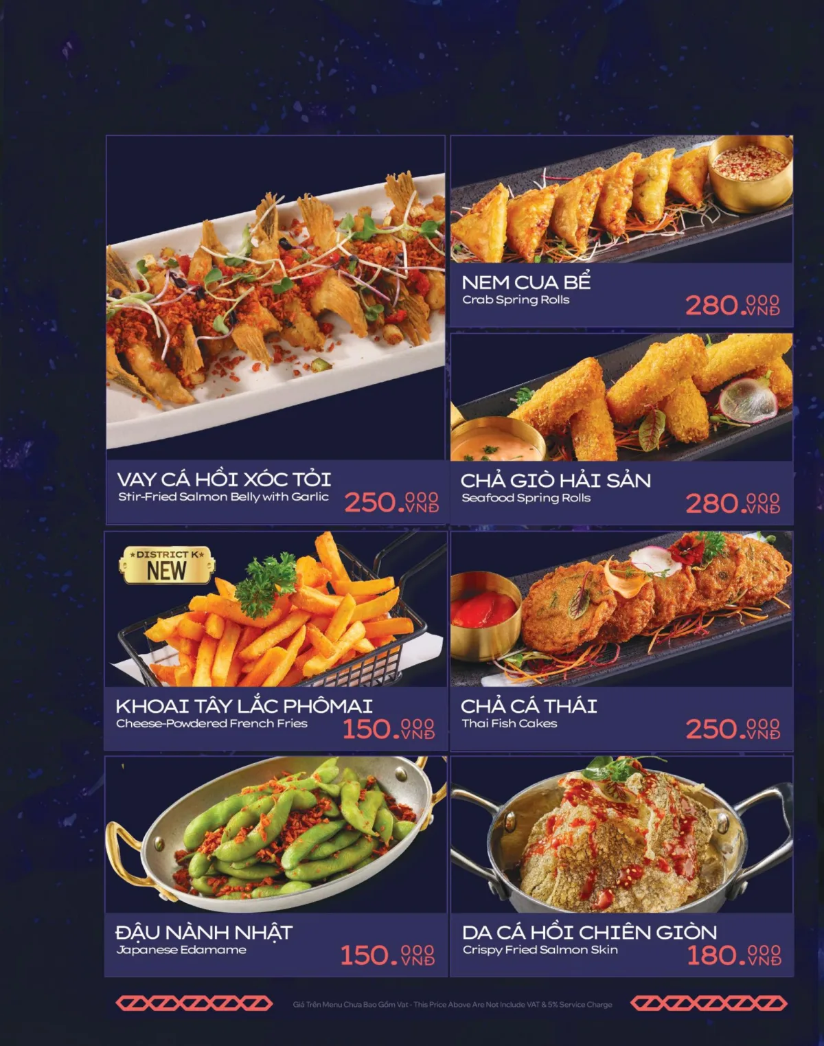 Menu District K — nem cua bể, chả giò hải sản, khoai tây lắc phô mai
