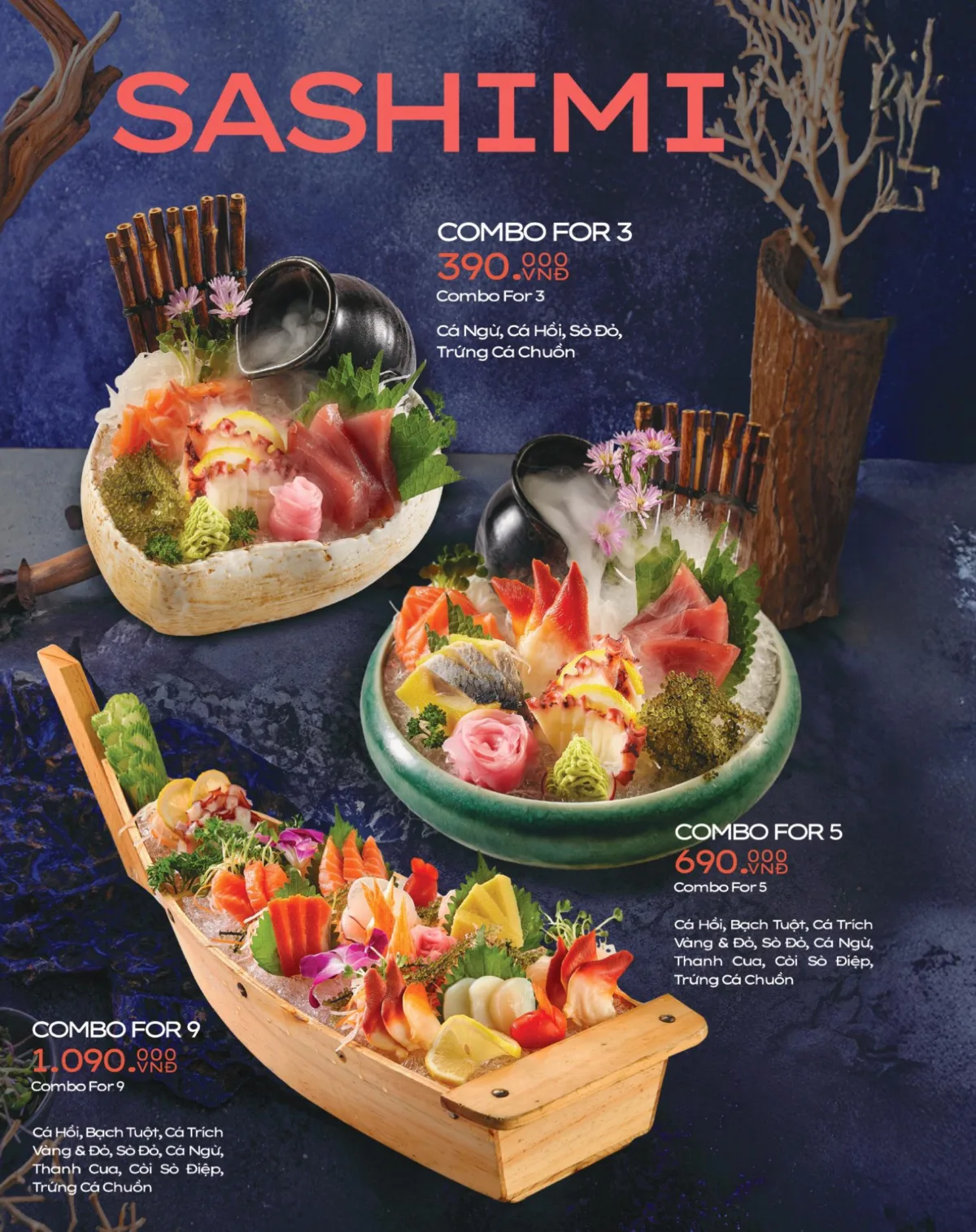 District K menu — sashimi combo with salmon, tuna and octopus